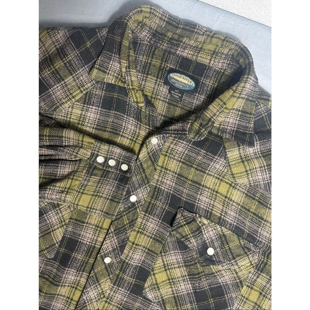 Sandy River Mens Pearl Snap Heavy Flannel Shirt XLT Tall Green Plaid Pearl Snap